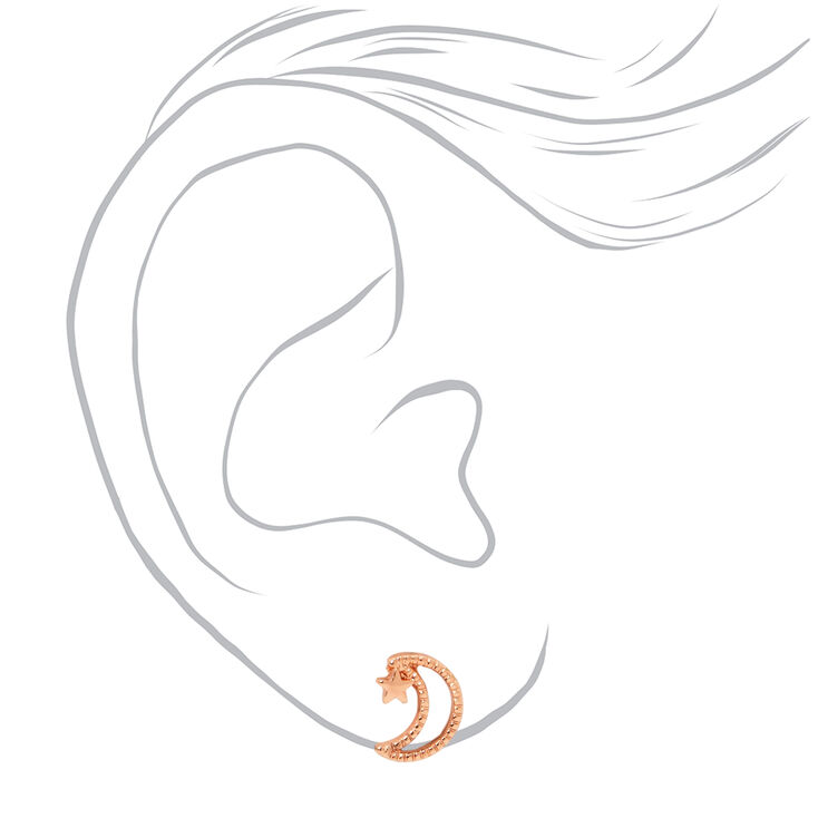 18K Rose Gold Plated Cutout Moon &amp; Star Stud Earrings,