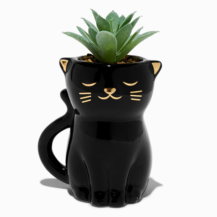 Black Cat Planter with Faux Succulent,