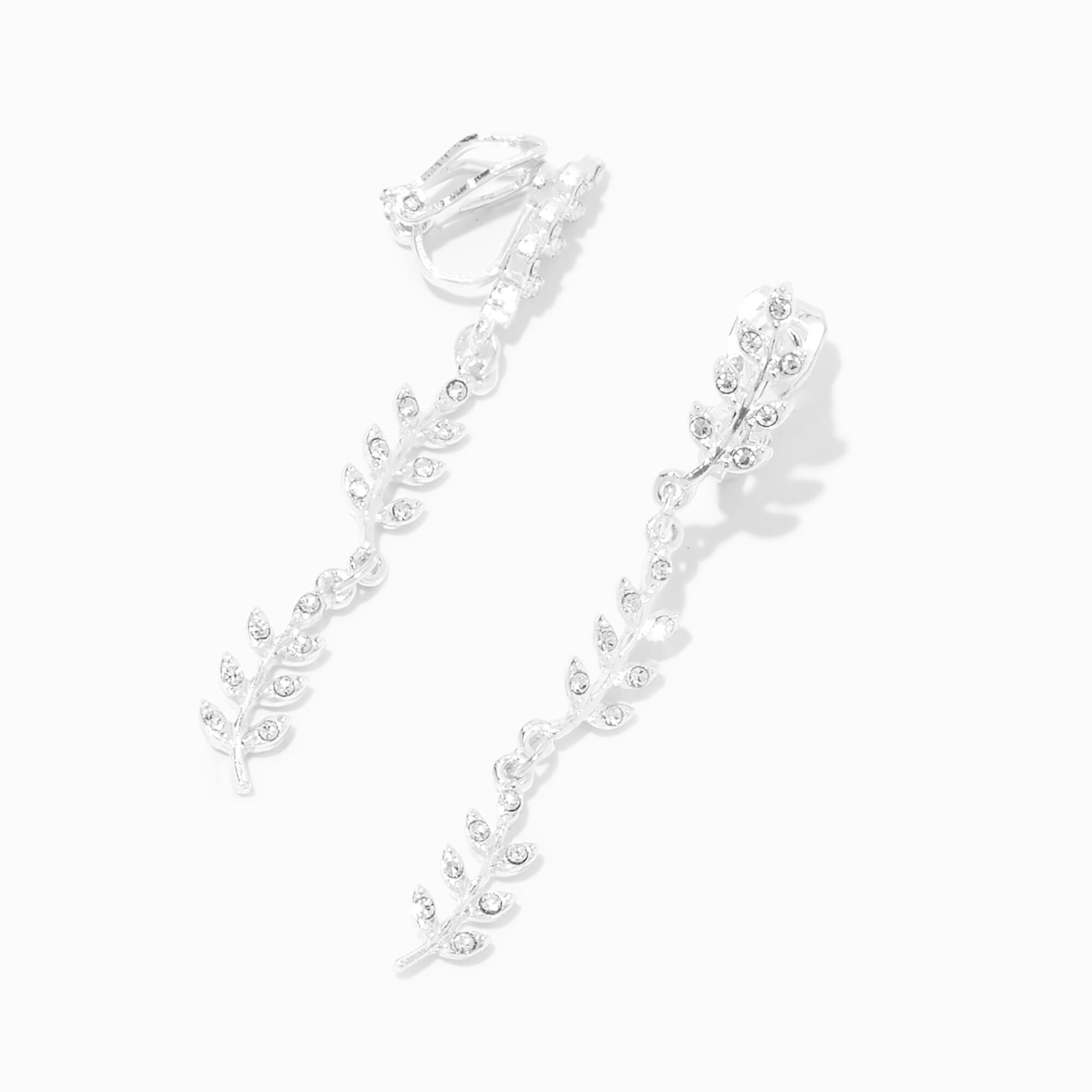 claire's silver-tone 2" crystal leaf linear drop clip on earrings