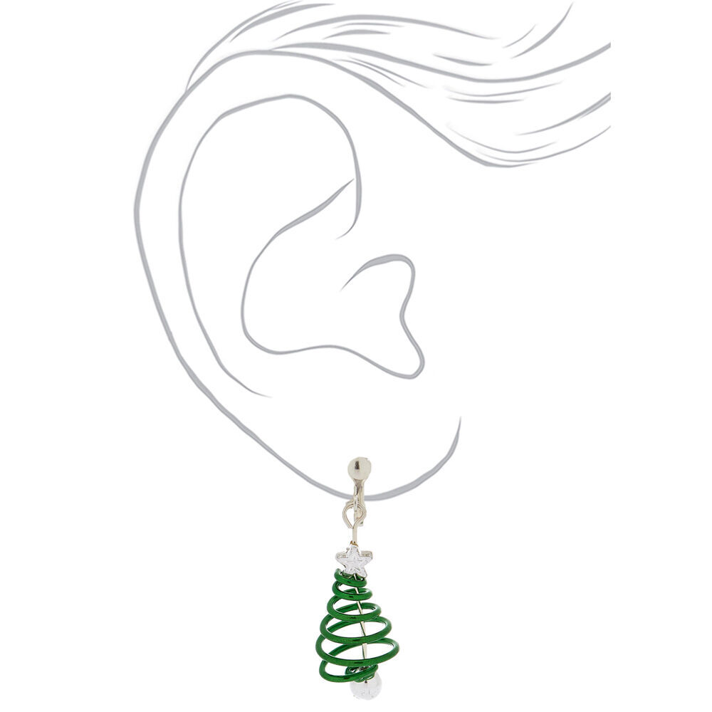 1" Spiral Christmas Tree Clip On Drop Earrings - Green,
