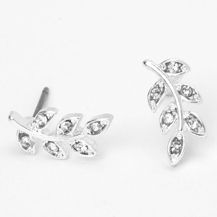 Silver Embellished Leaf Stud Earrings,