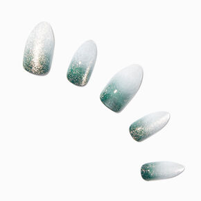 Faux ongles vegan stiletto avec d&eacute;grad&eacute; &agrave; paillettes verts - Lot de 24,