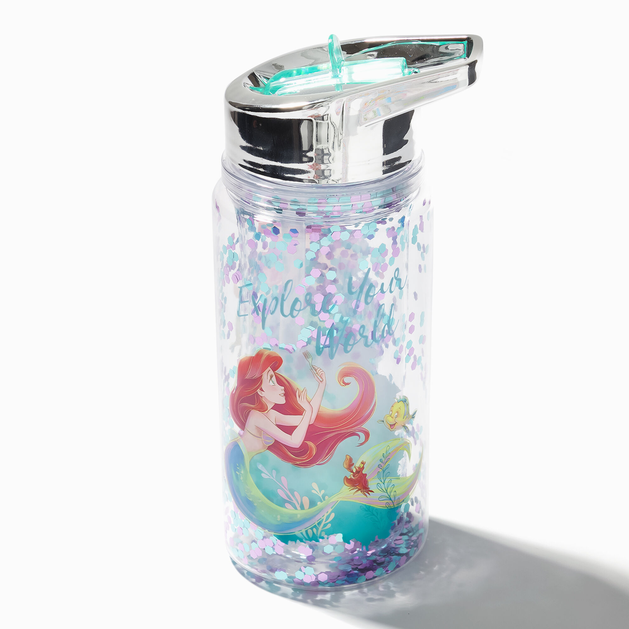 View Claires Disney Princess The Little Mermaid Arial Glitter Water Bottle Blue information