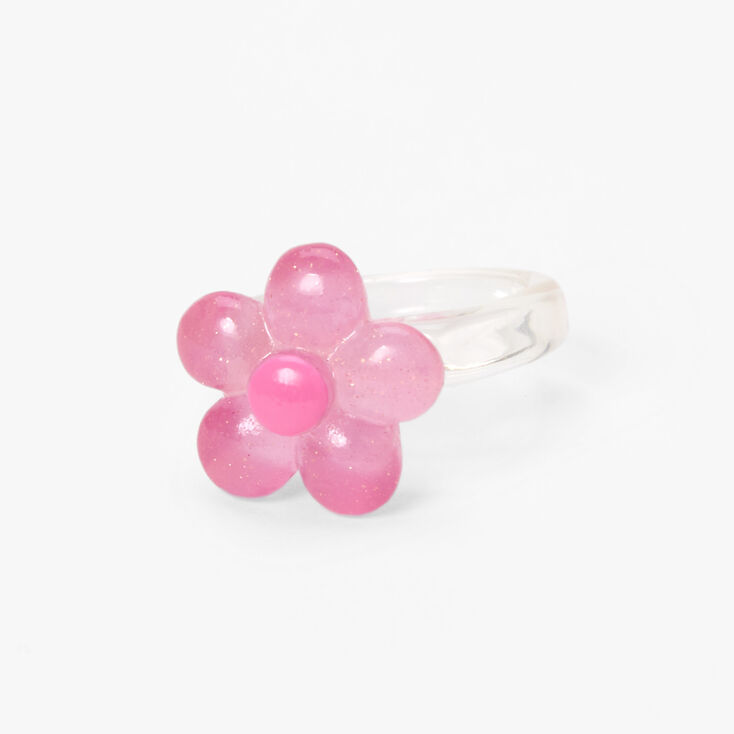 Clear Glitter Flower Resin Ring - Pink,