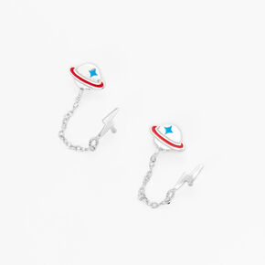 Sterling Silver Saturn &amp; Lightning Bolt Connector Chain Stud Earrings,