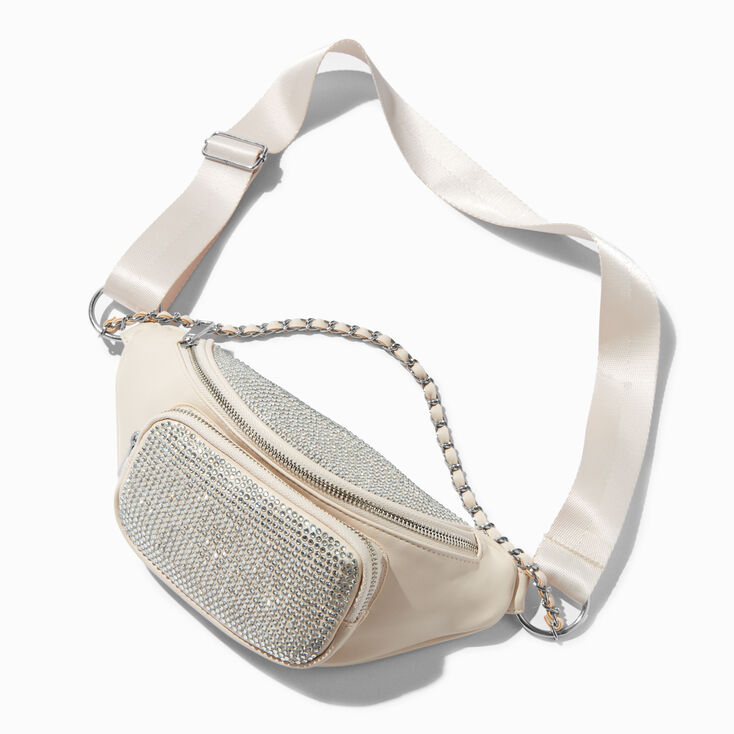 Ivory Rhinestone-Studded Faux-Leather Belt Bag
