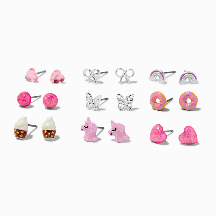 Pink Unicorn &amp; Donut Mixed Stud Earrings - 9 Pack ,