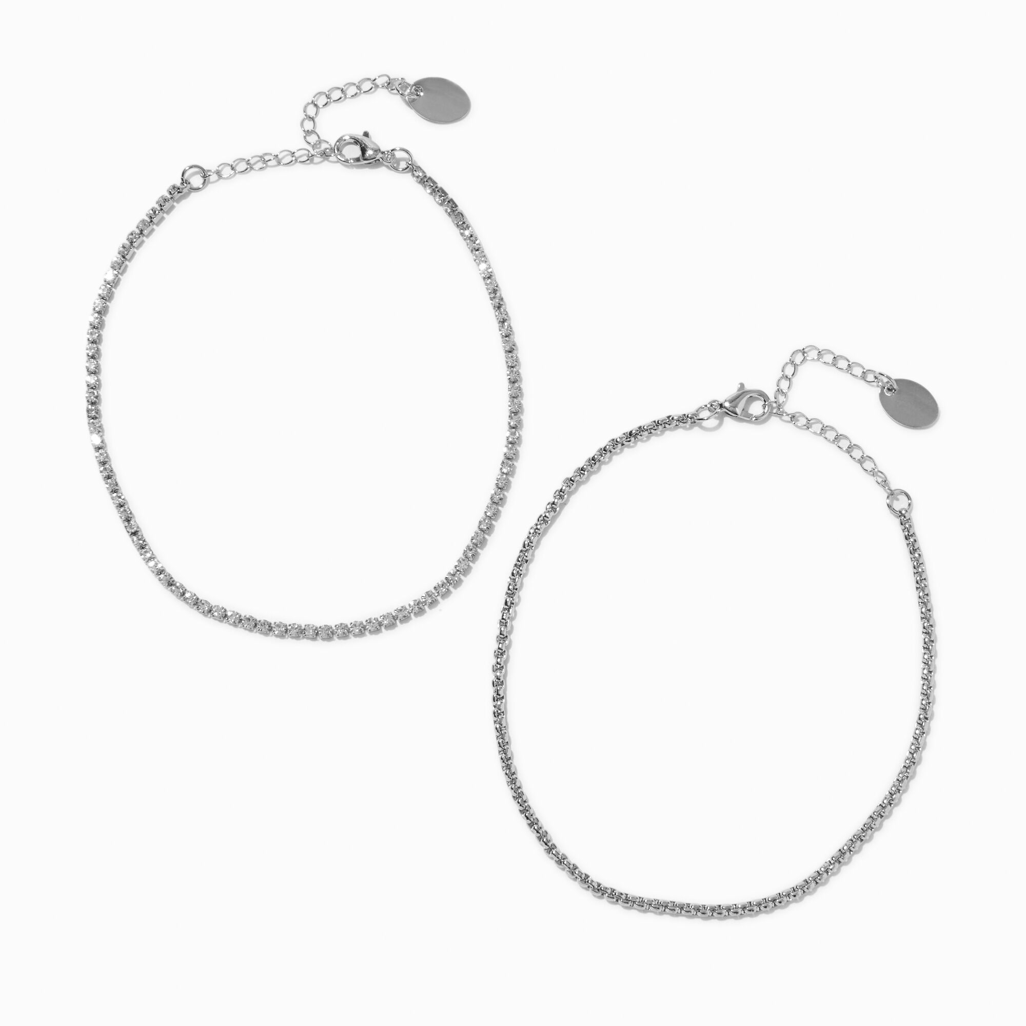 View Claires Tone Rhinestone Box Chain Anklets 2 Pack Silver information