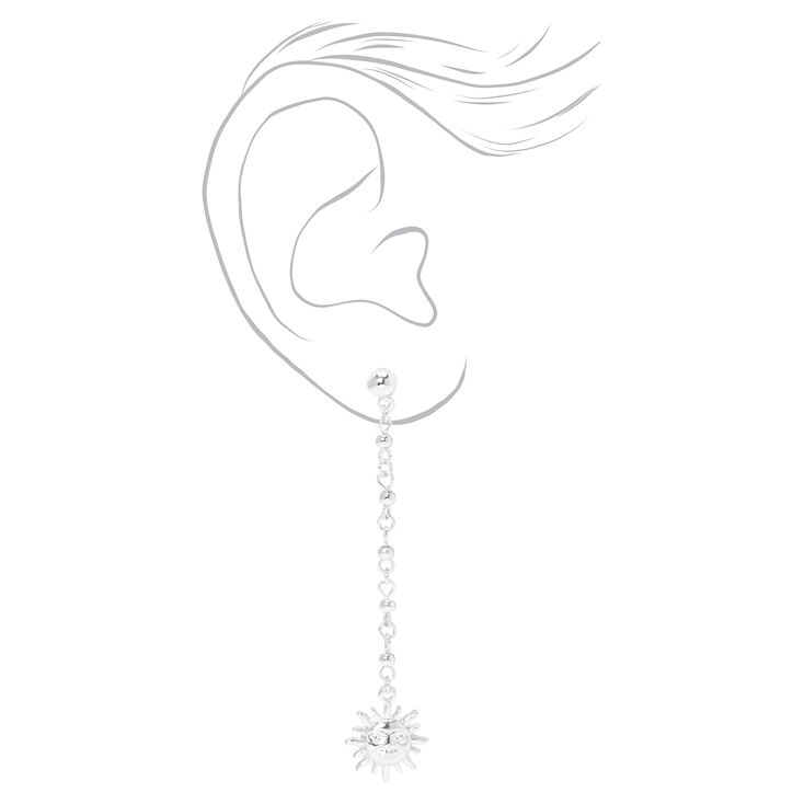 Silver Sun Face 3&quot;  Linear Drop Earrings,