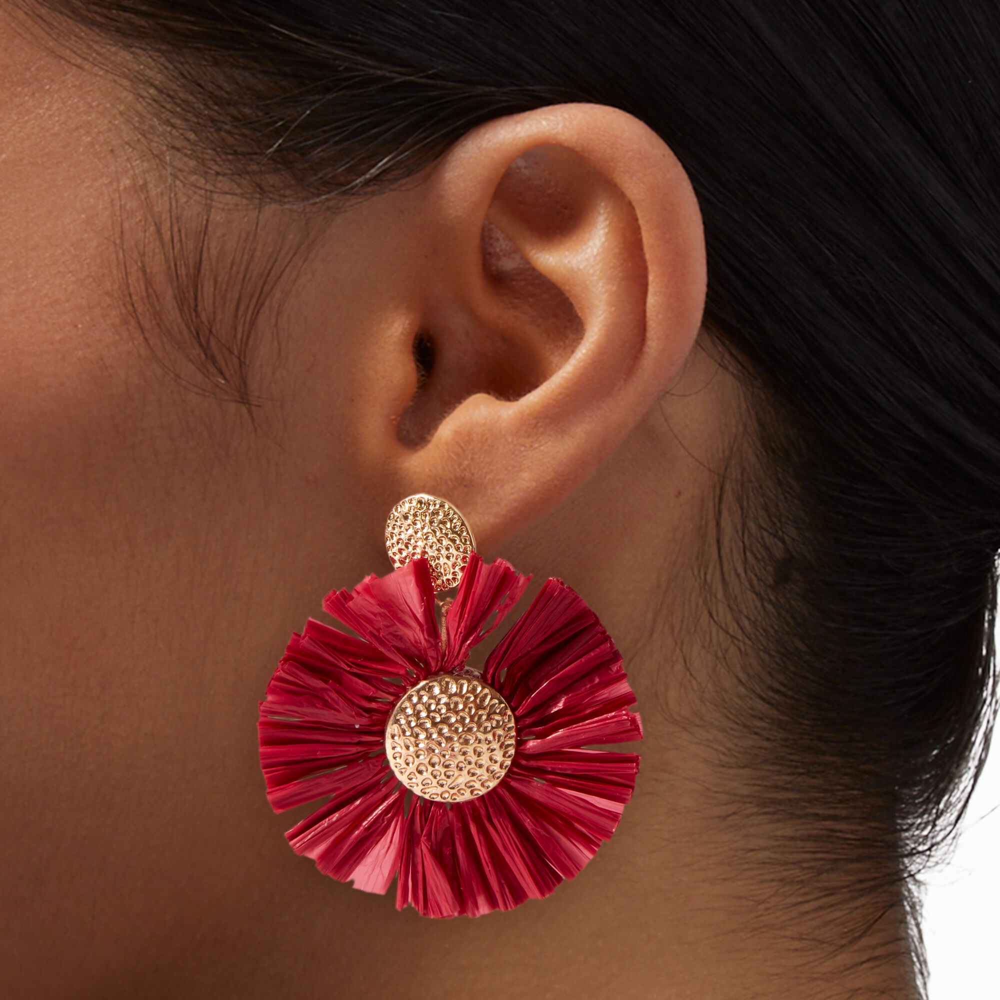 Burgundy Red Raffia Daisy 3 Drop Earrings Claire s