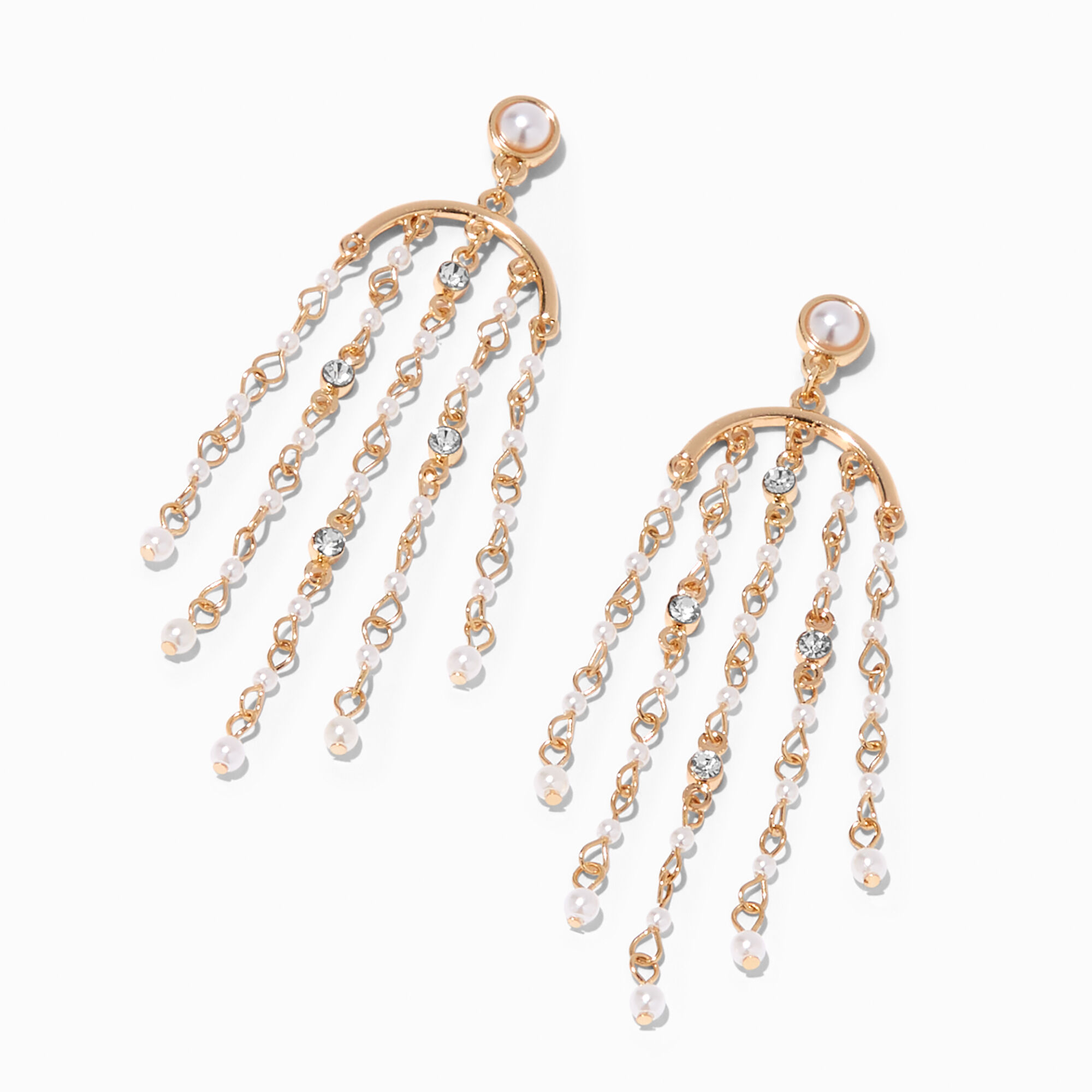 View Claires Tone Pearl Crystal Chandelier 3 Drop Earrings Gold information
