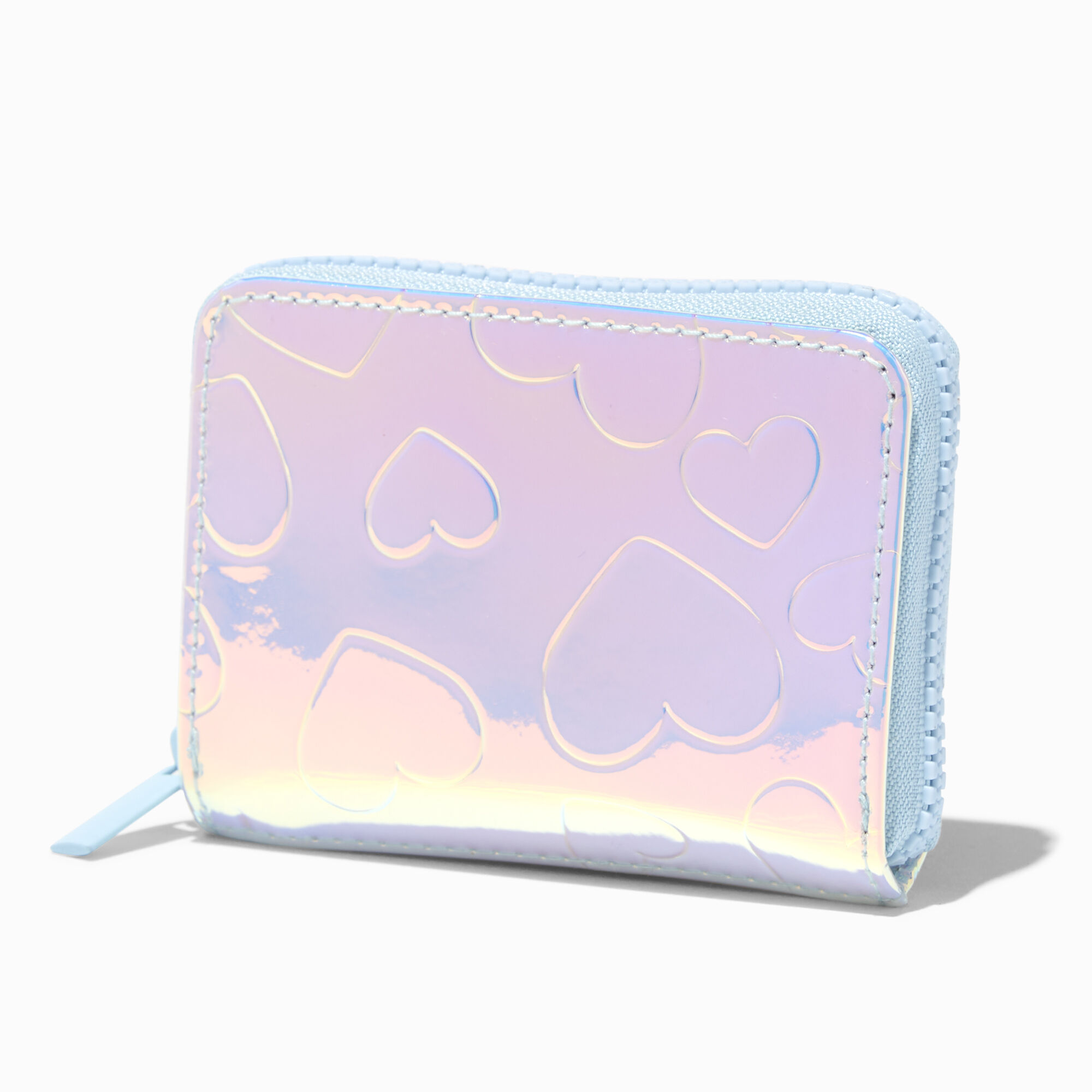 View Claires Holographic Heart Mini Zip Wallet Blue information