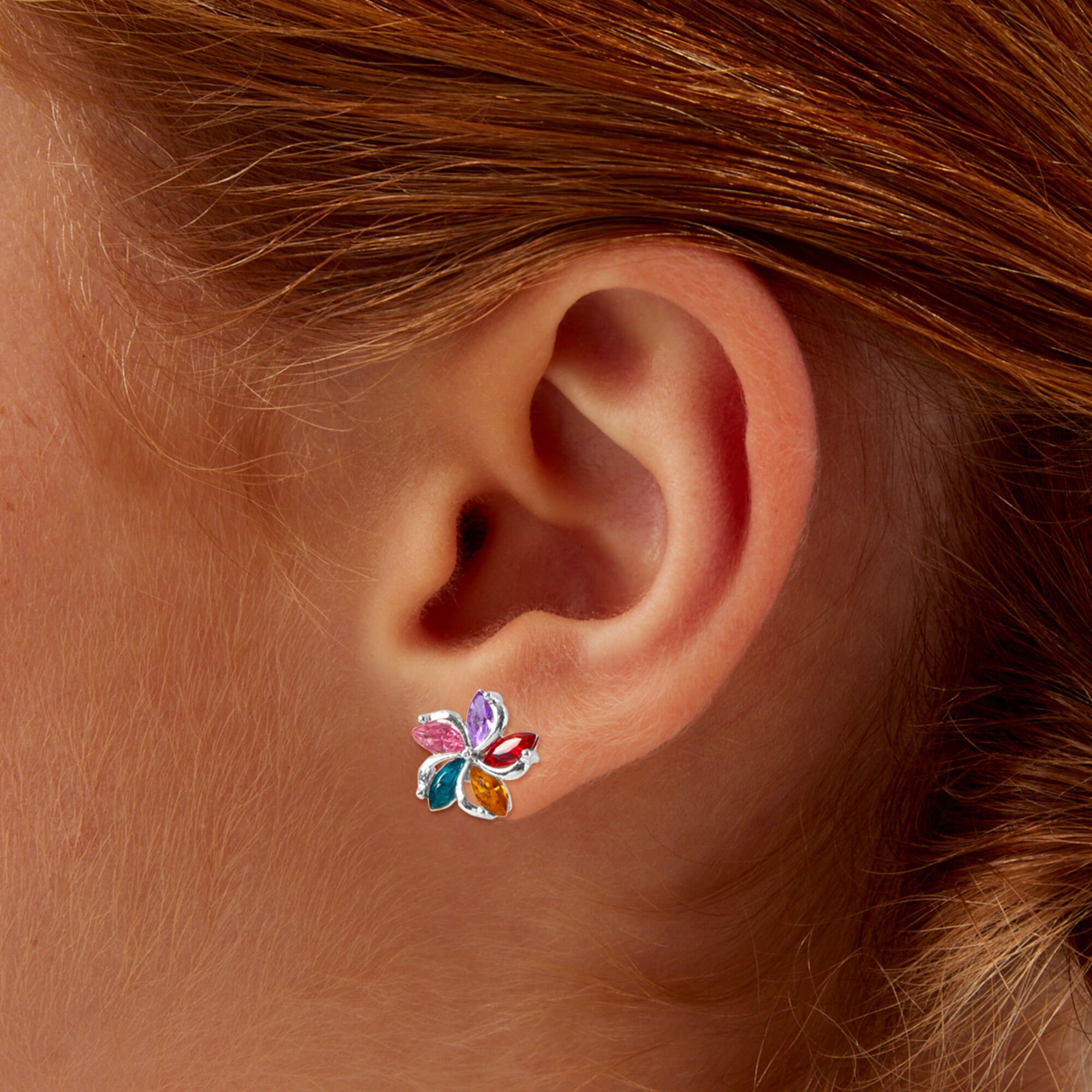Rainbow Crystal Flower Swirl Silver-tone Stud Earrings,