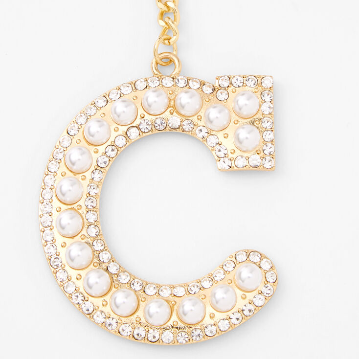Gold Bling Initial Pom Pom Keychain - Black, C,