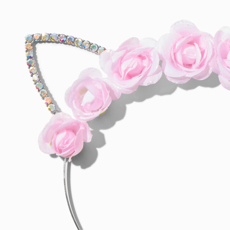 Serre-t&ecirc;te &agrave; oreilles de chat en strass iridescent fleur rose,