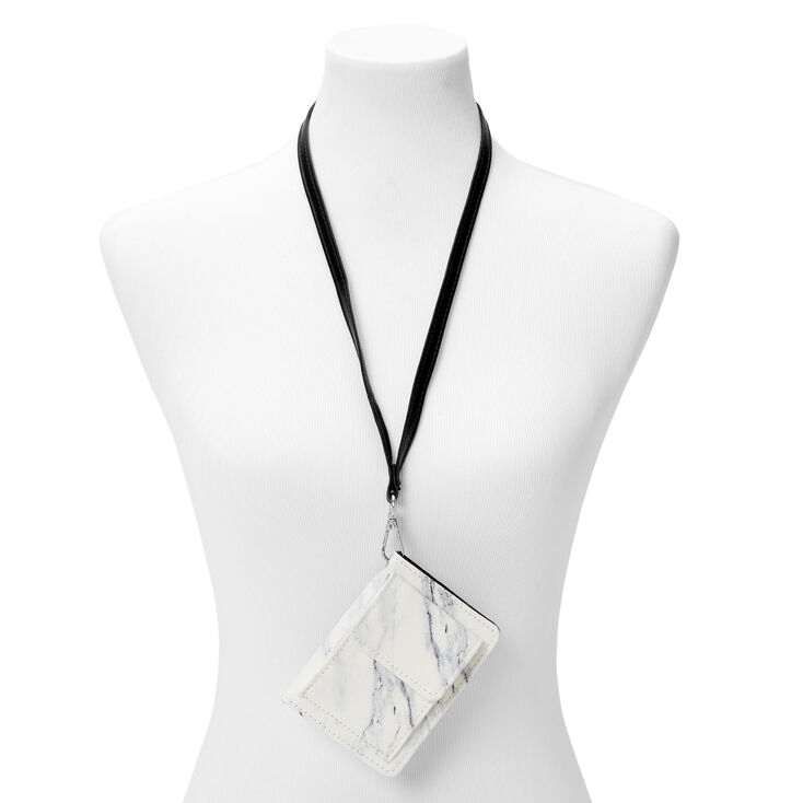 Black &amp; White Marble Wallet with Lanyard,