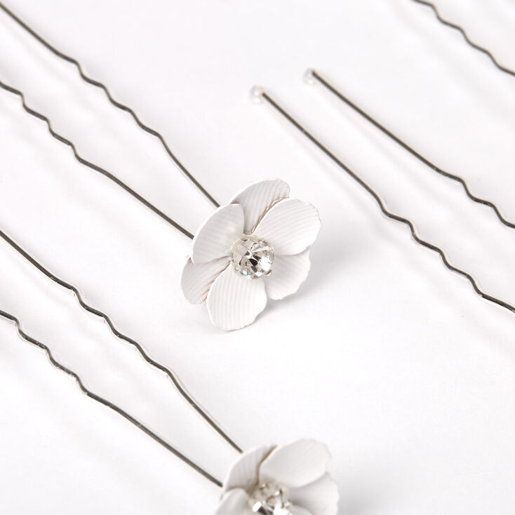 Crystal Flower Hair Pins - White, 6 Pack,