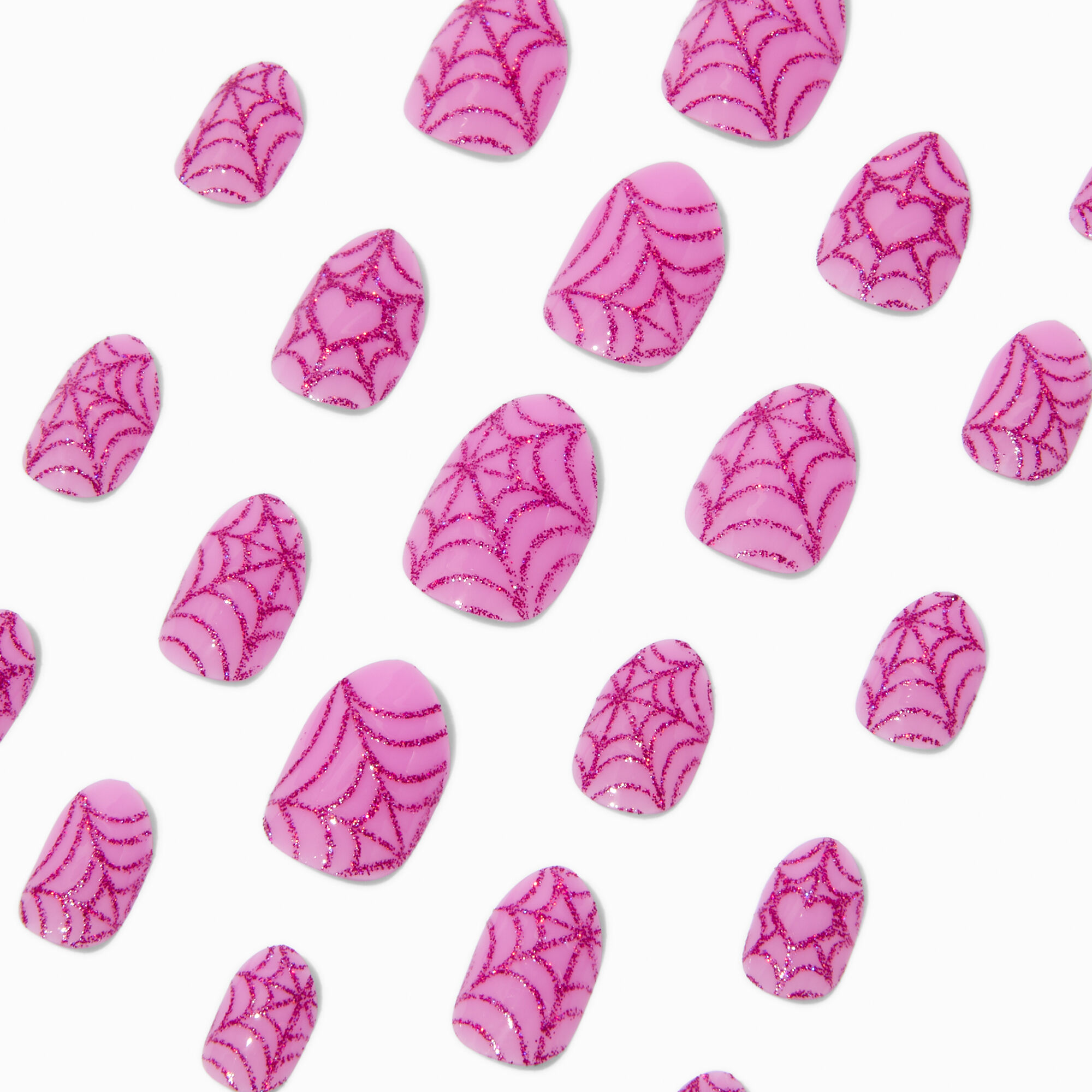 Pink Glitter Spiderweb Halloween Stiletto Press On Faux Nail Set - 24 Pack,