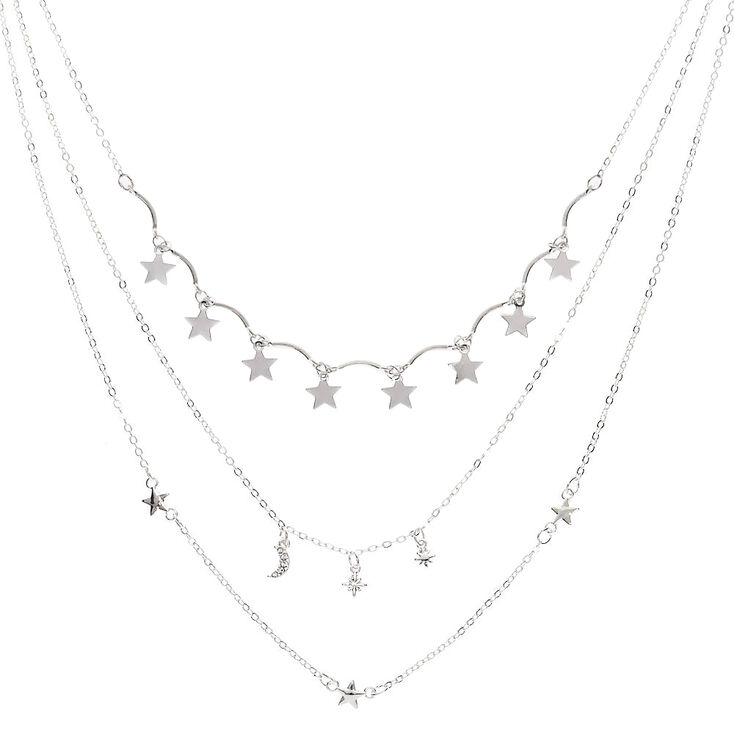 Collier multi-rangs &eacute;toiles couleur argent&eacute;,