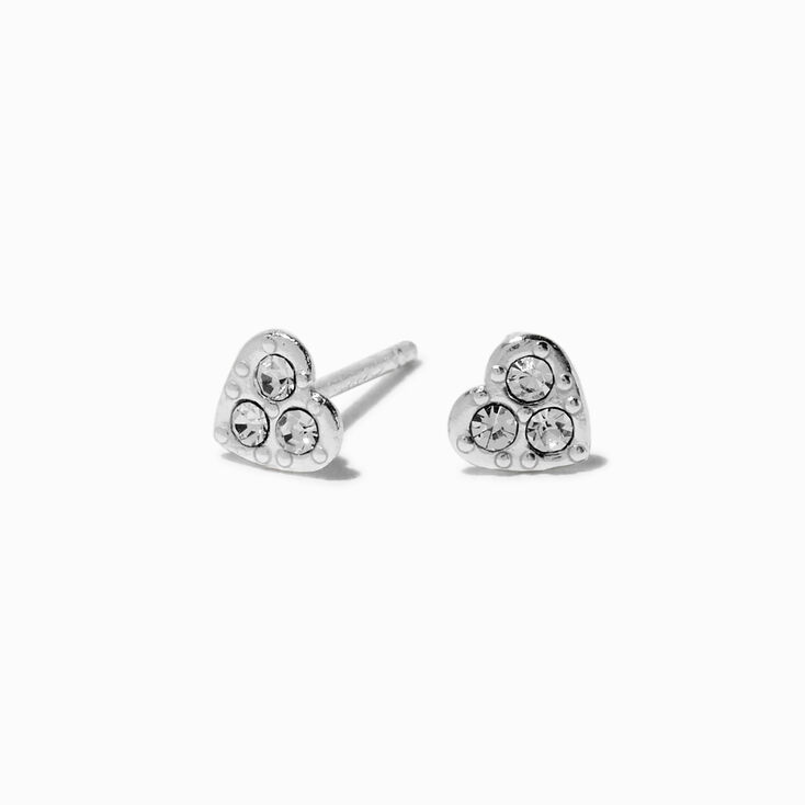 Silver-tone Sterling Silver Crystal Mini Heart Stud Earrings,