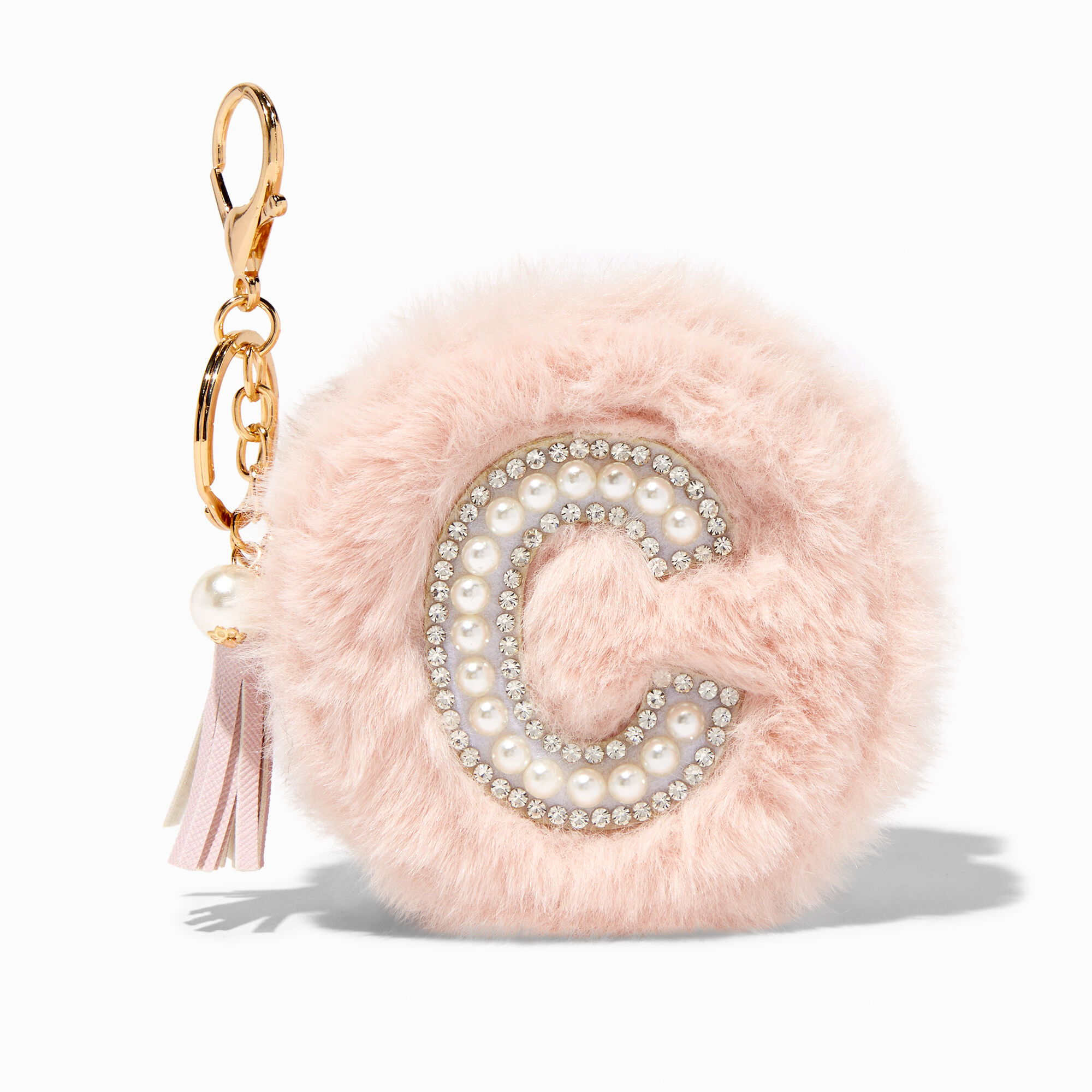 View Claires Blush Furry Pearl Initial Coin Purse Keyring C Pink information