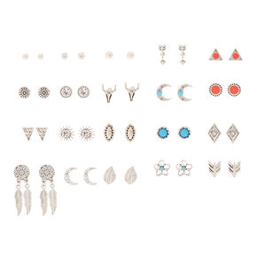 Silver Western Boho Stud Earrings - 20 Pack,