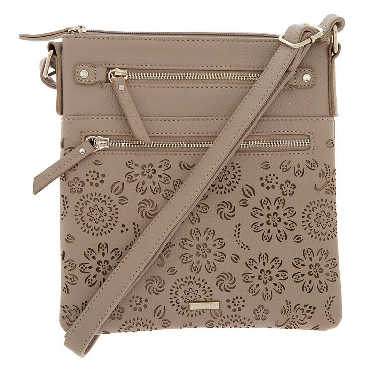 Claire's Sac à bandoulière gris de taille moyenne avec découpe perforée en filigrane