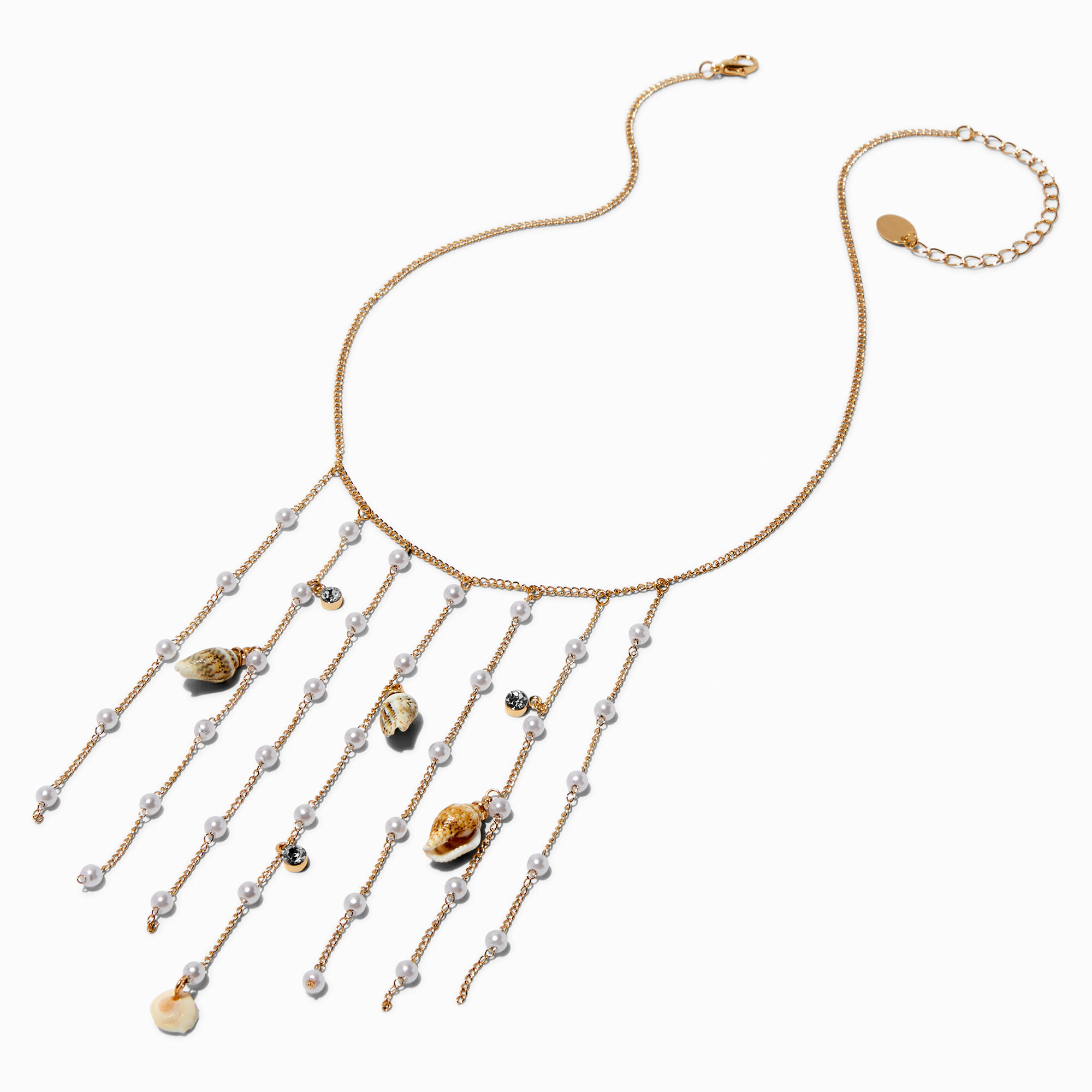 Claire s Gold tone Seashell Pearl Fringe Statement Necklace The Shops at Willow Bend
