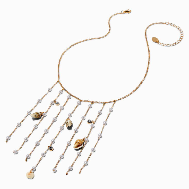 Gold-tone Seashell & Pearl Fringe Statement Necklace