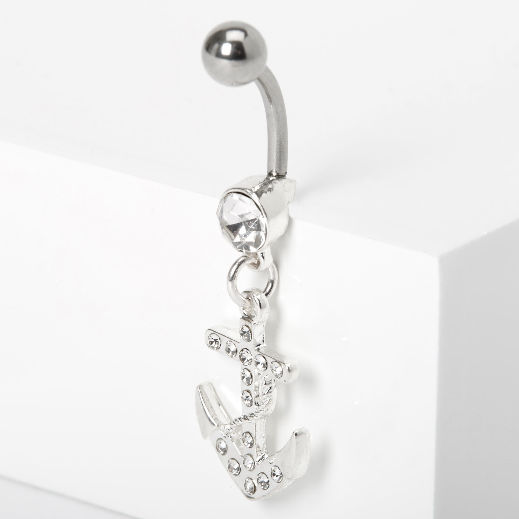 Silver 14G Embellished Anchor Dangle Belly Ring Claire s