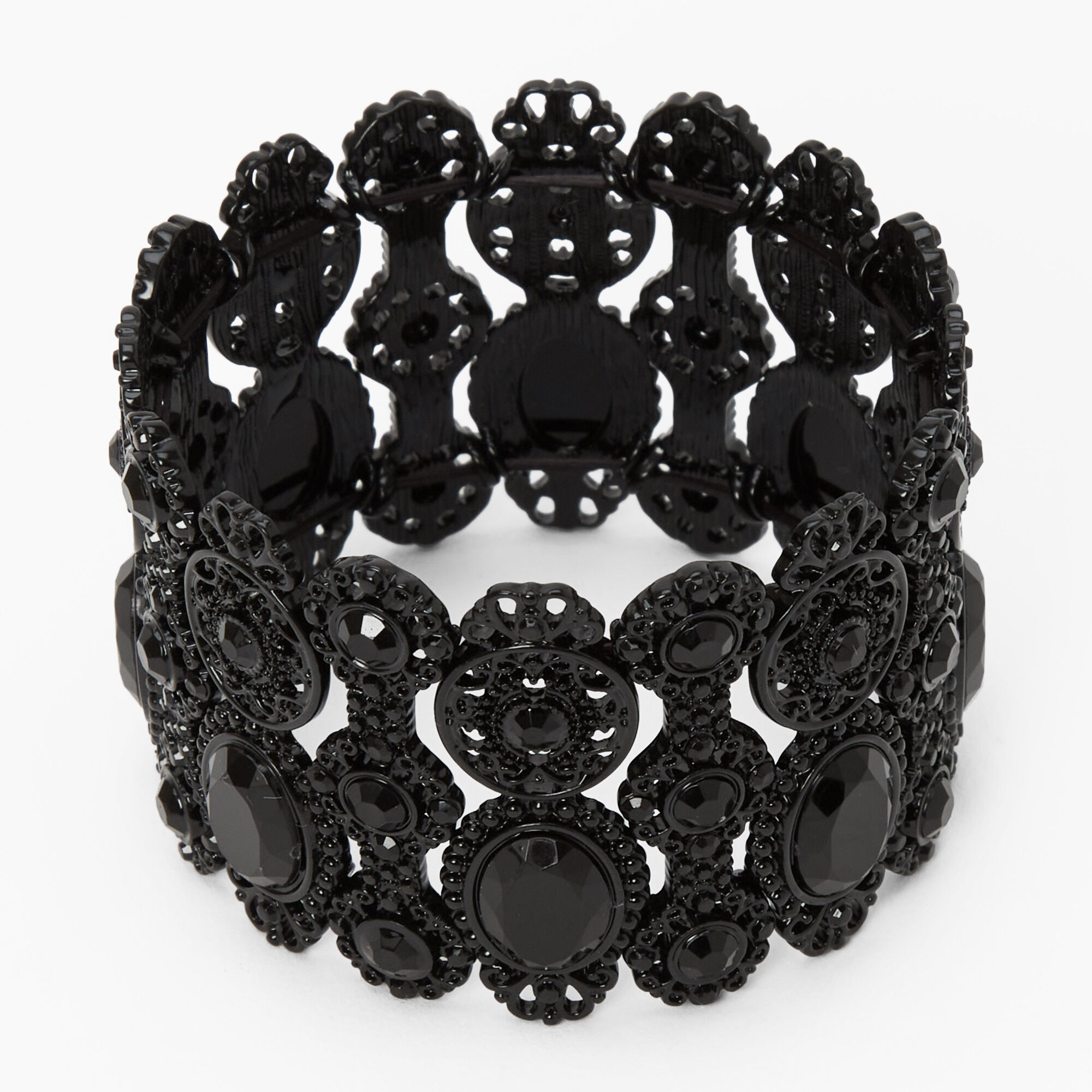 Jet Black Rhinestone Wide Stretch Bracelet,