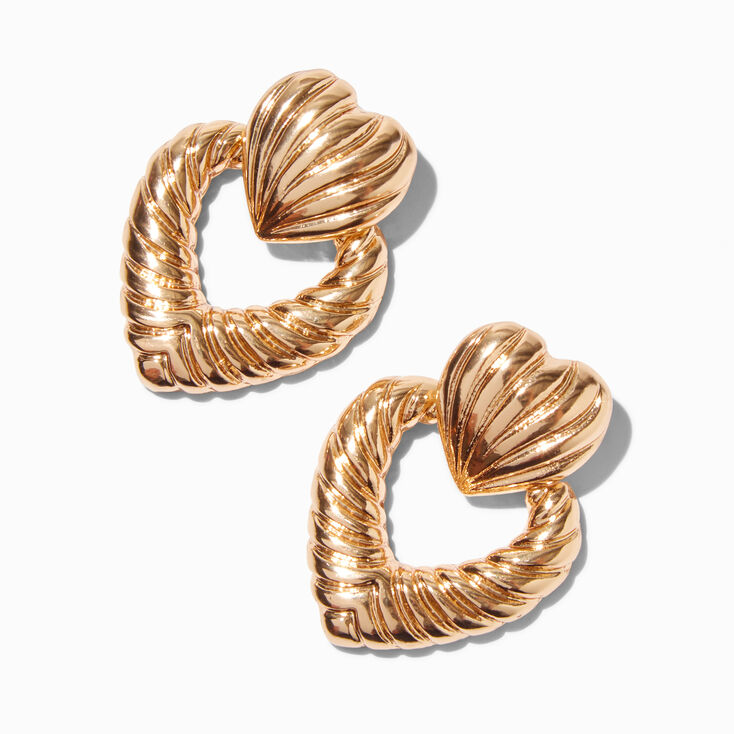Gold-tone Ridged Heart Doorknocker 1.5&quot; Drop Earrings ,
