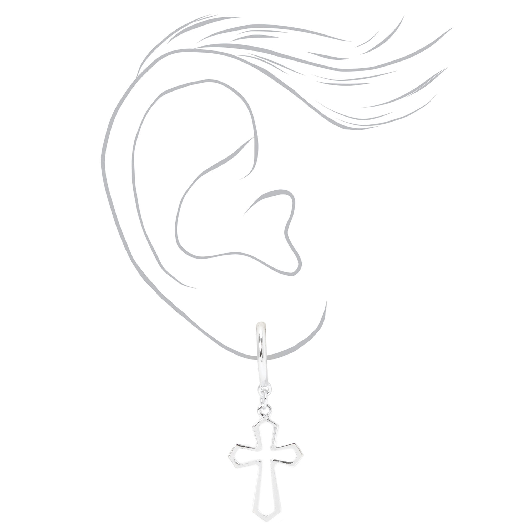 Silver Cutout Cross 1" Hoop Drop Earrings,
