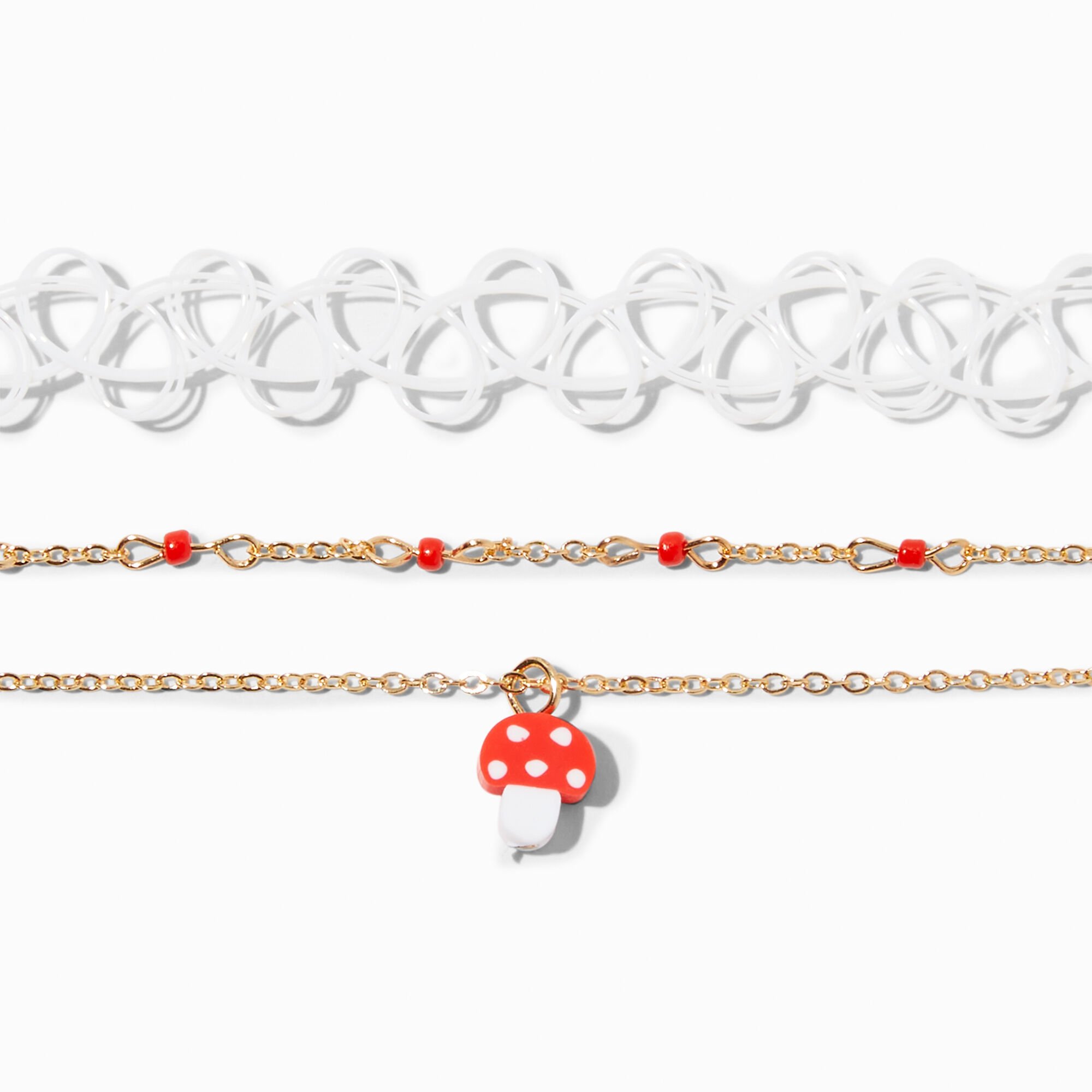 Red Mushroom Charm Multi-Strand & White Tattoo Choker Necklaces - 2 Pack,