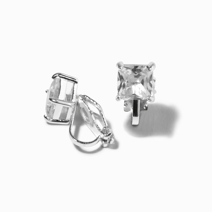 Silver Cubic Zirconia 7MM Square Clip-on Earrings,