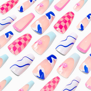 Mushroom Checkered Swirl Squareletto Vegan Faux Nail Set - 24 Pack,