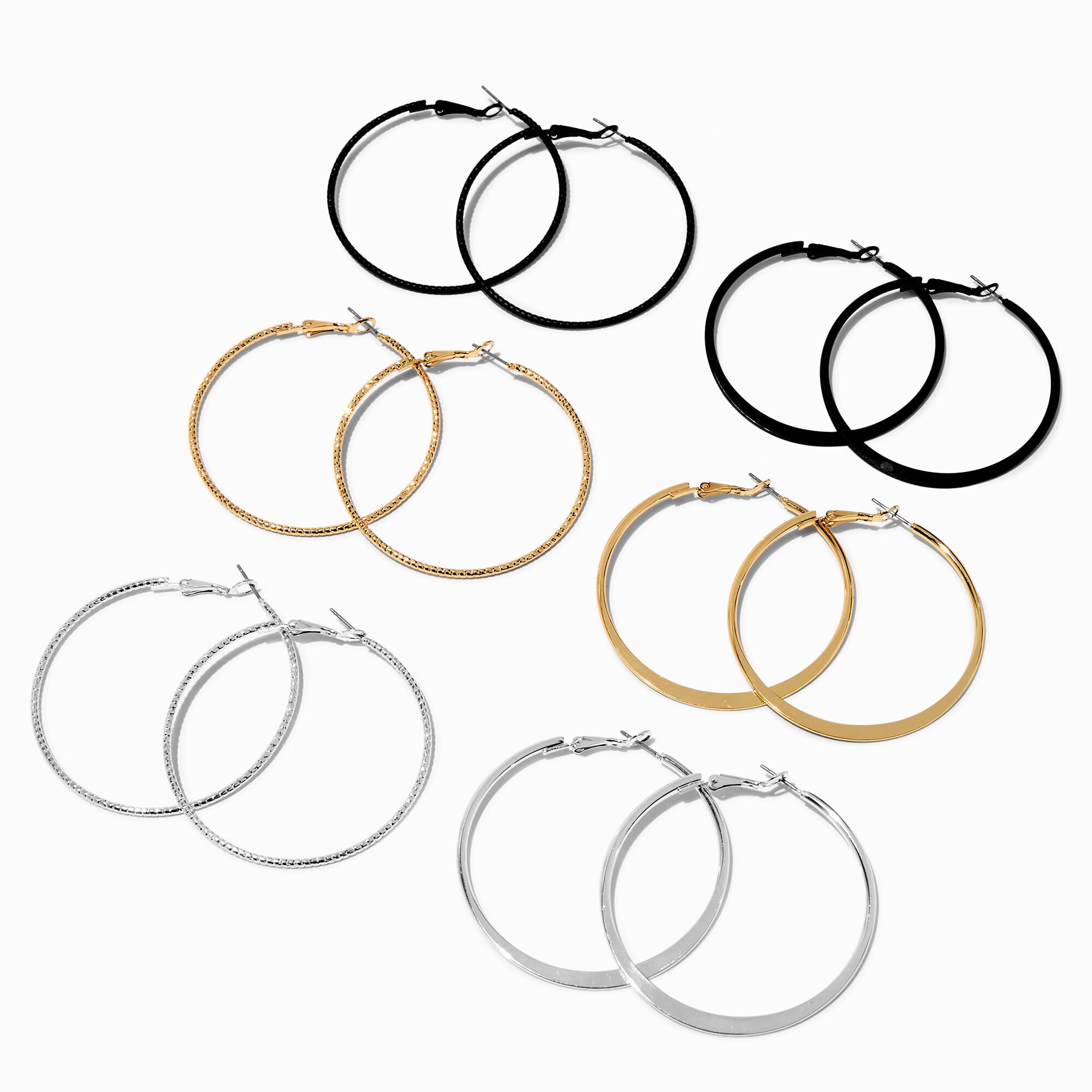 Mixed Metal 50mm Sleek Textured Hoop Earrings - 6 Pack,