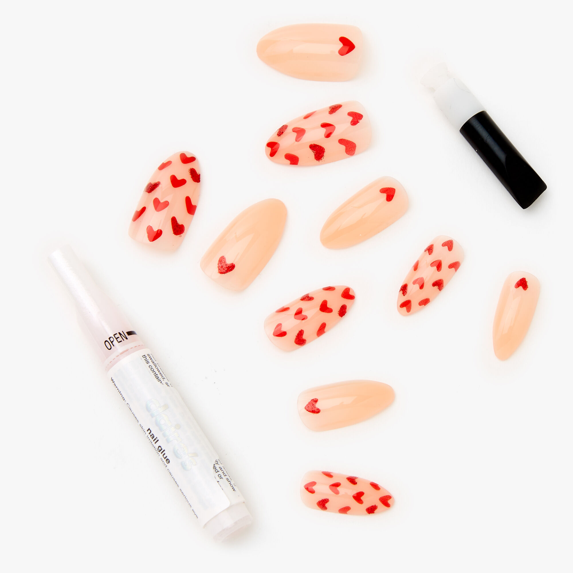 Lot de faux ongles stiletto cœurs à paillettes rouges - Lot de 24,