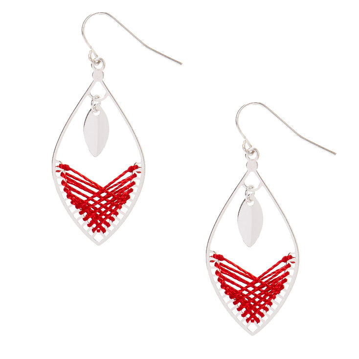 Silver 1.5&quot; Threaded Drop Earrings - Red,