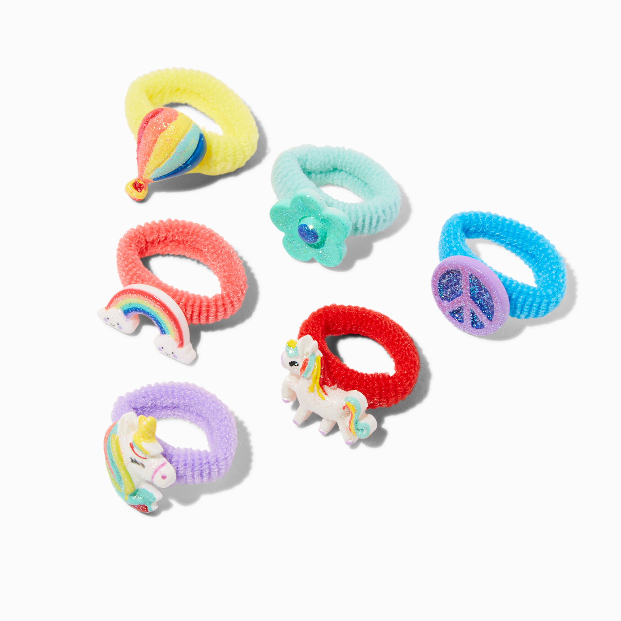 View Claires Club Unicorn Ribbed Hair Ties 6 Pack Rainbow information