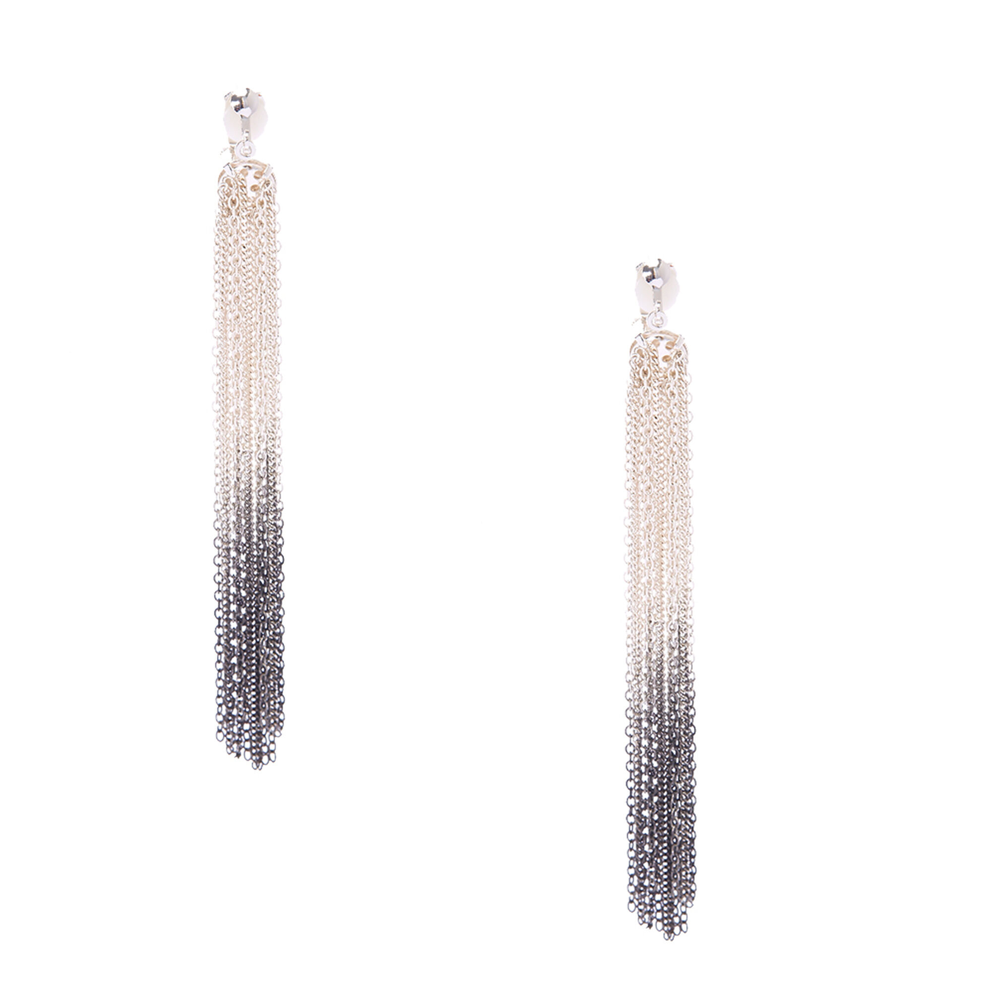 Silver And Black Ombre Chain Fringe Clip On Drop Earrings Claire S Silver And Black Ombre Chain Fringe Clip On Drop Earrings