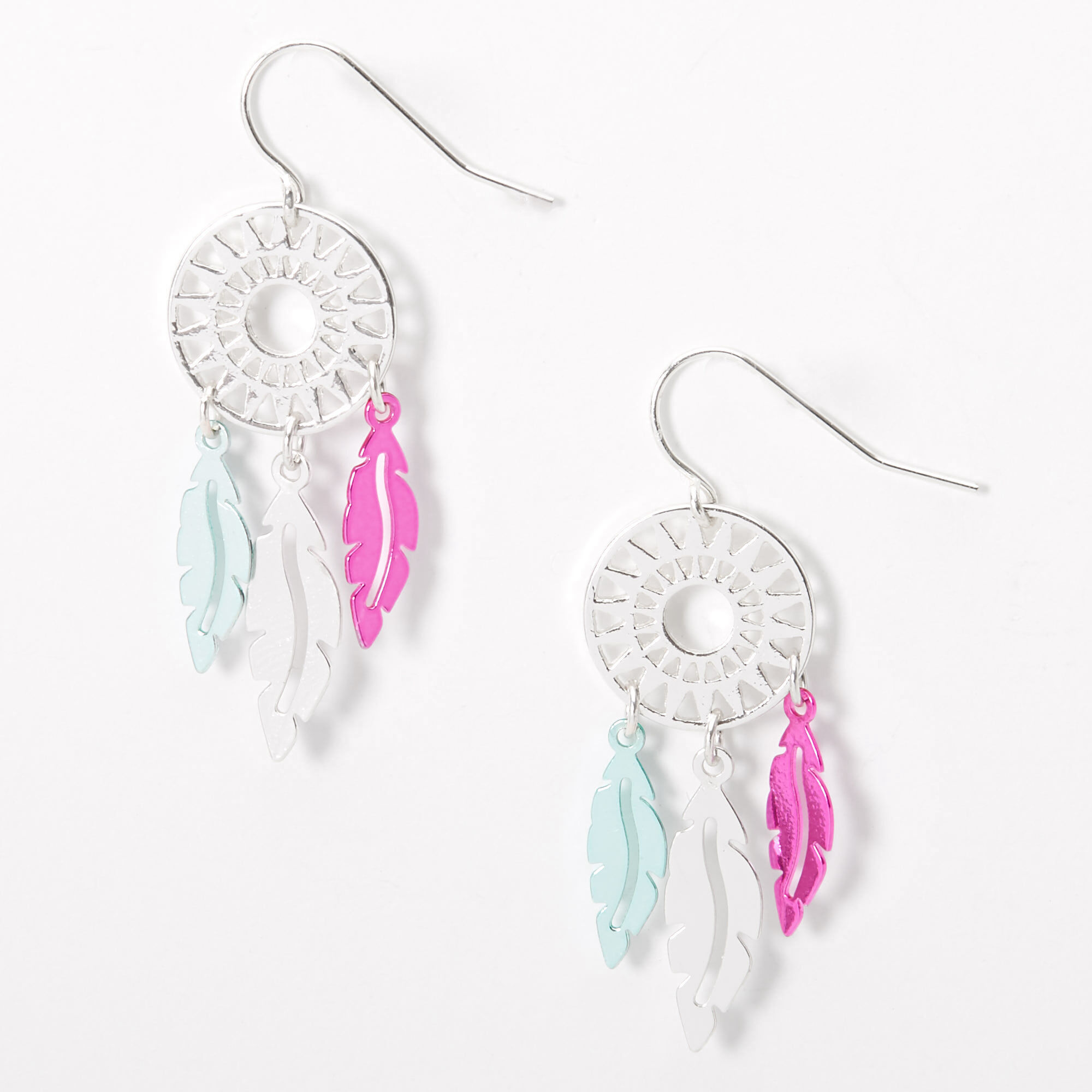 Silver 1.5 Pink Teal Dreamcatcher Drop Earrings