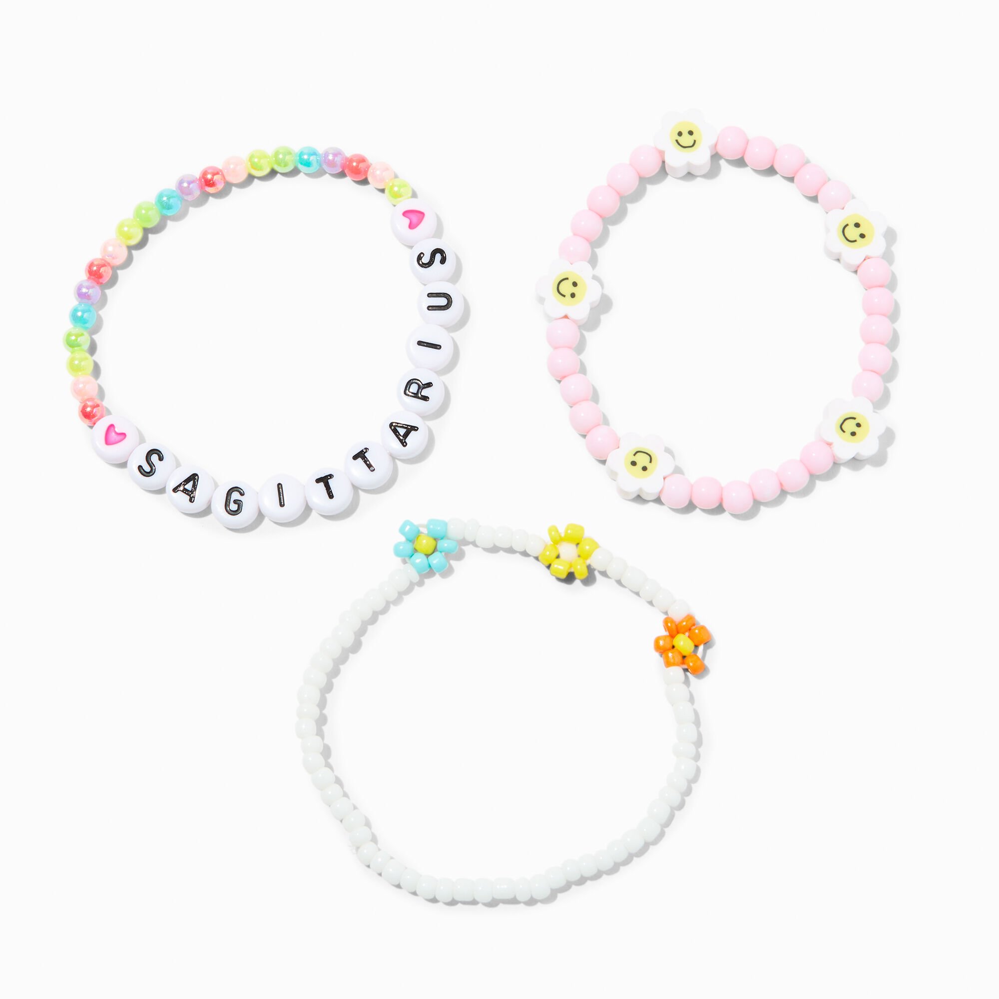 View Claires Zodiac Daisy Happy Face Beaded Stretch Bracelets 3 Pack Sagittarius White information