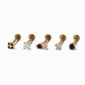 Gold-tone Stainless Steel Black Cubic Zirconia 18G Stud Threadless Cartilage Earrings - 5 Pack,