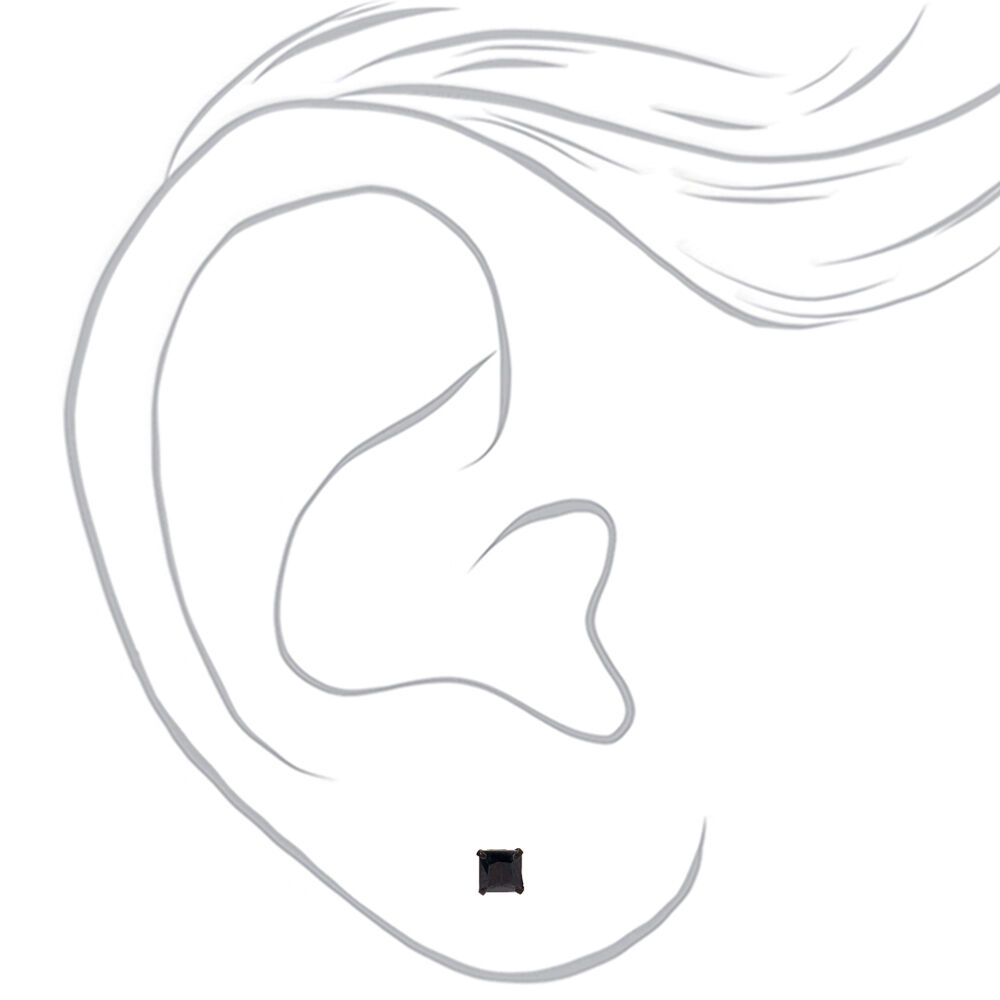 Sterling Silver Cubic Zirconia Square Stud Earrings - Black, 5MM,