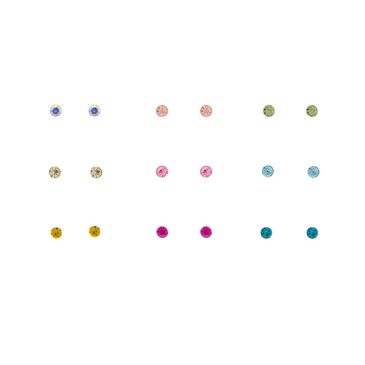 Rainbow Crystal 2mm Bezel Stud Earrings - 9 Pack,