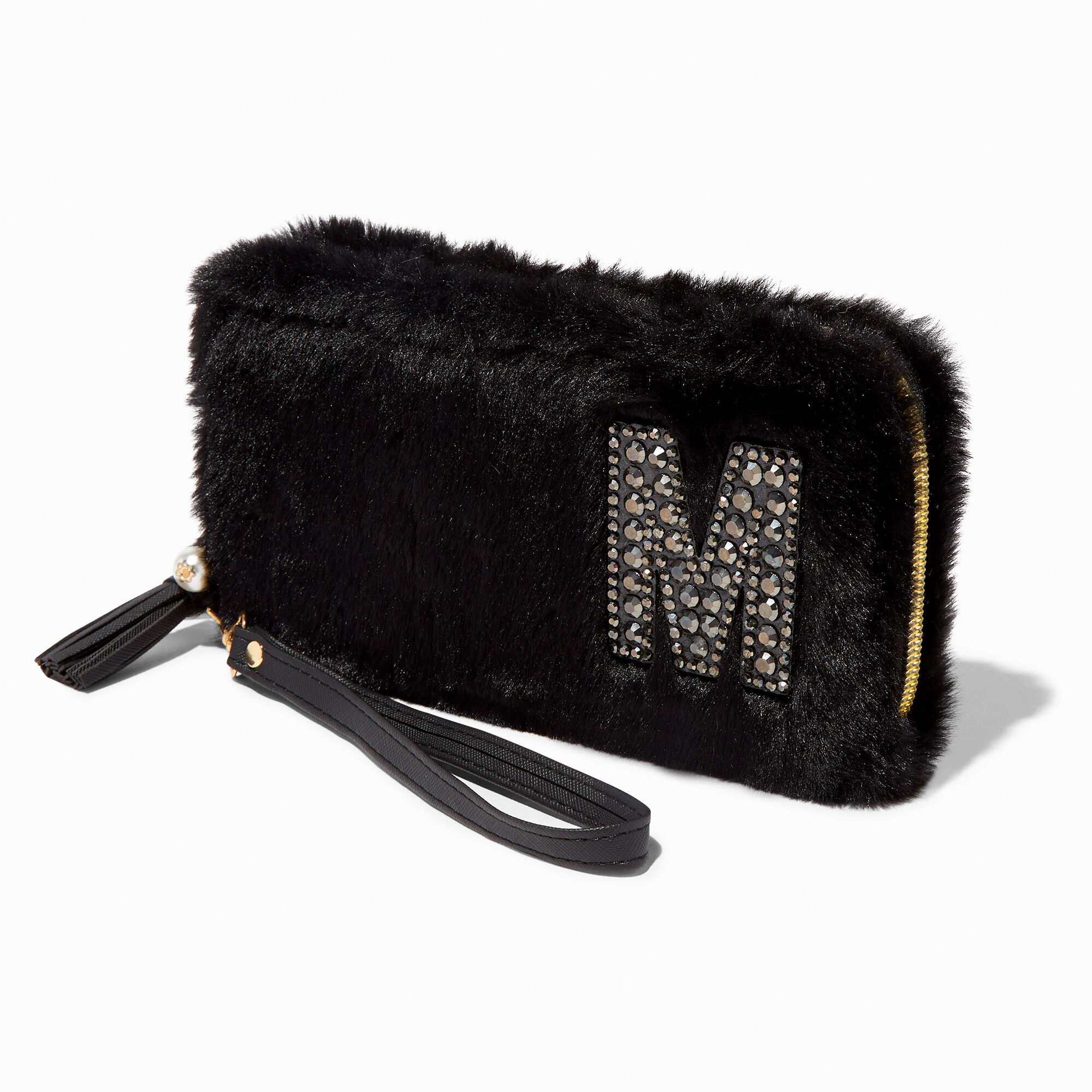 Pochette poignet à initiale perle d'imitation et fausse fourrure noire - M,