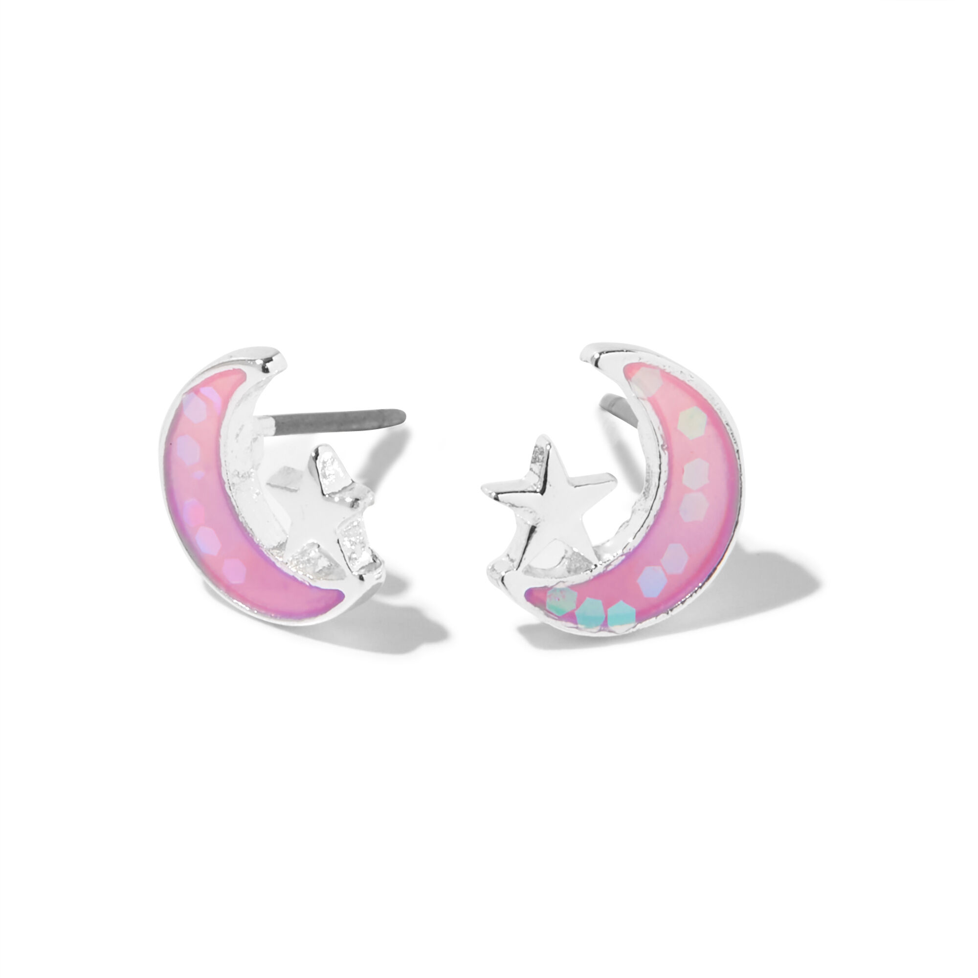 View Claires Crescent Moon SilverTone Star Stud Earrings Pink information