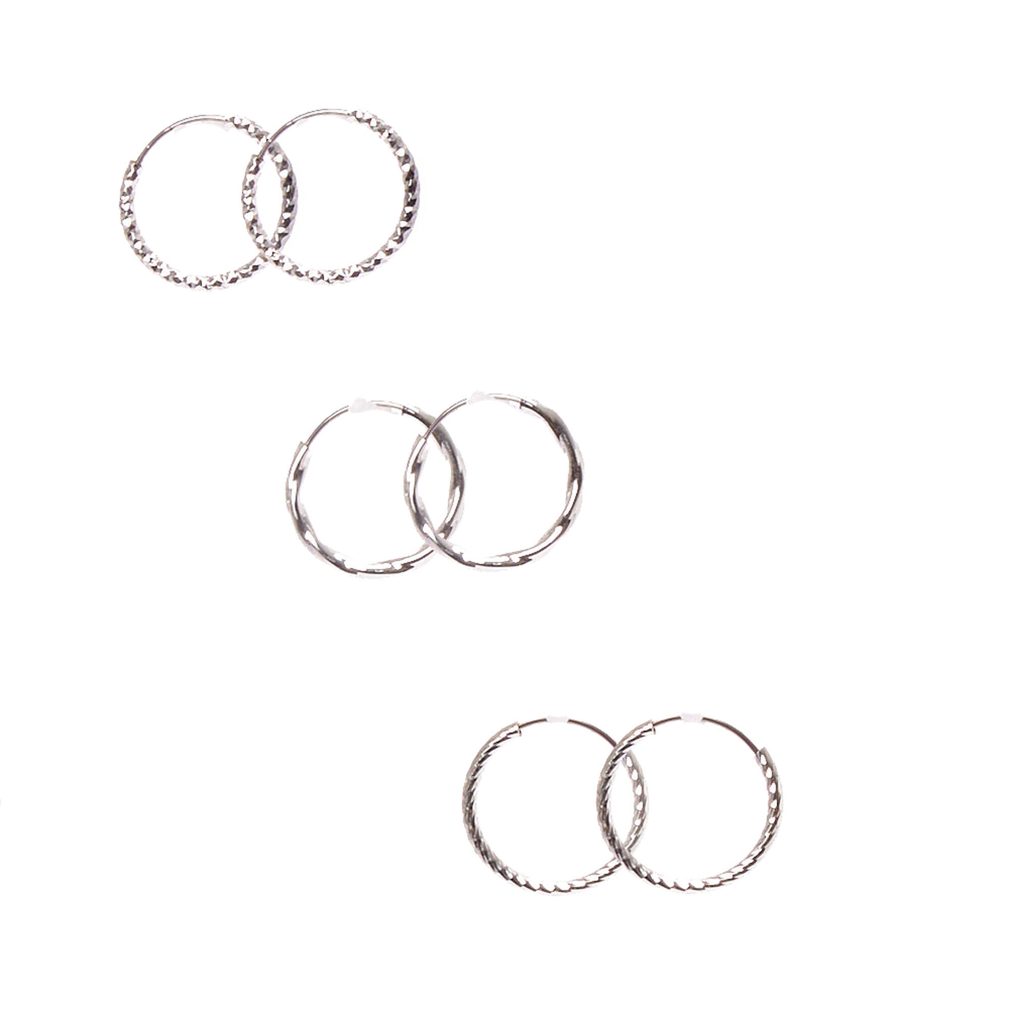 View Claires Tone 15MM Textured Hoop Earrings 3 Pack Silver information