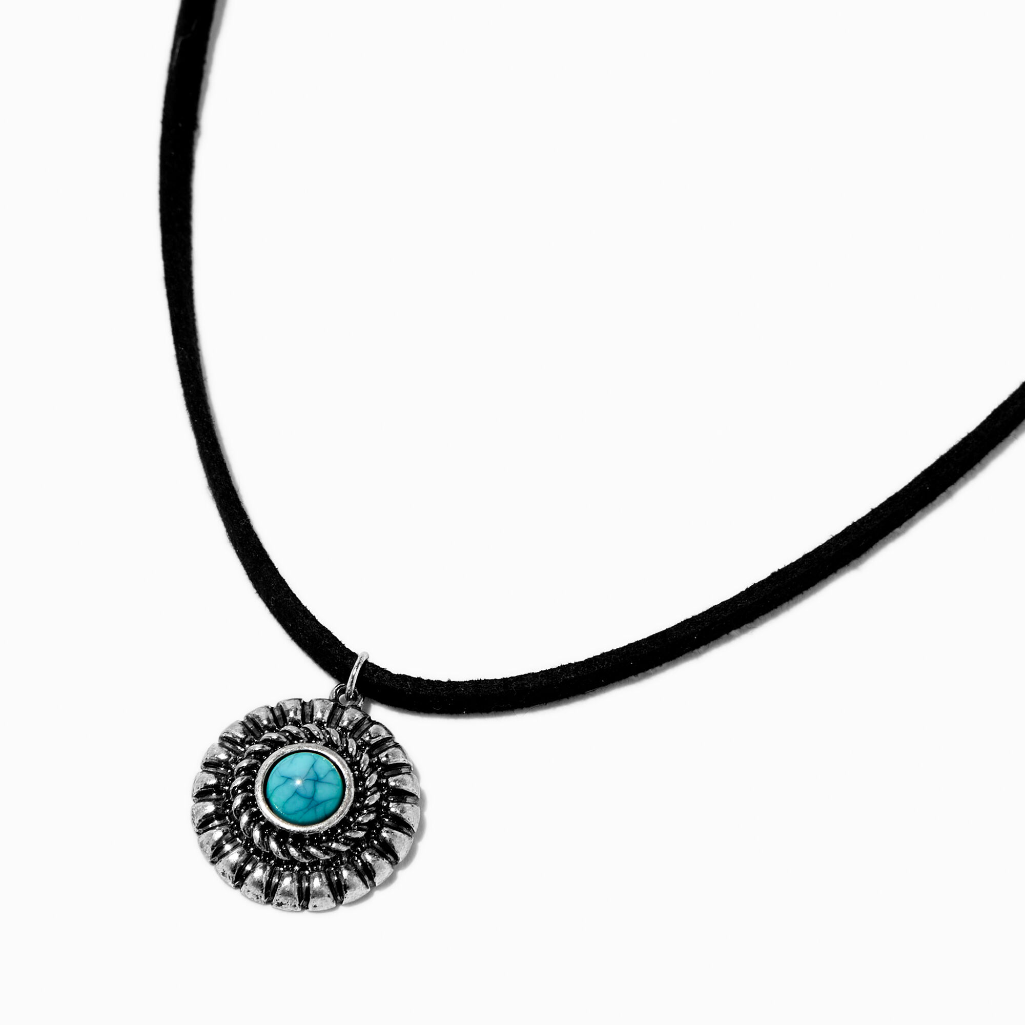 View Claires Turquoise Boho Disc Medallion Cord Pendant Necklace Black information